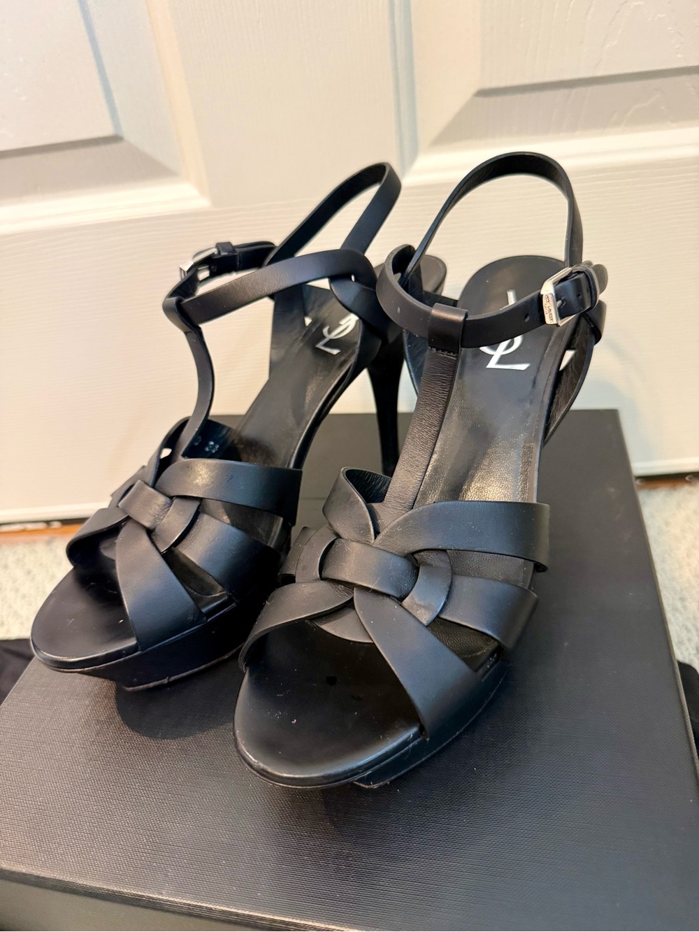 Saint Laurent Black Knotted T-Strap Platform Sandals